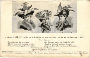 1910 Le chapeau Barbare, complice de la destruction en masse des oiseaux qui est une des hontes de ce siecle / &quot;The Barbarian Hat, an accomplice in the mass destruction of birds which is one of the shames of this century&quot; Ladies with bird hats, bird conservation propaganda (EK)