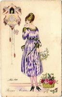 Bonne Année / French lady art postcard with New Year greetings. Fantaisies Parisiennes Aquarelles. Souhaits de Bonheur. Serie No. 21. s: Xavier Sager (fa)