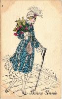 1918 Bonne Année / French lady art postcard with New Year greetings. Souhaits de Femme Serie No. 27. artist signed (b)