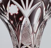 Bíborpácolt vörös kehelyváza, ezüst (Ag) talpazattal, jelzett, LM mesterjeggyel, kis lepattogzással,...