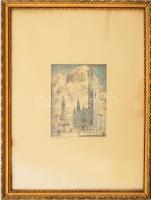 Bajor Ágost (1892-1958): Mátyás templom. Színezett rézkarc, papír, jelzett, üvegezett keretben, 15,5...