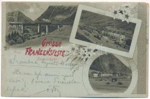 1899 (Vorläufer) Fortezza, Franzensfeste (Südtirol); Brennerbahn, Bahnhof, Stationsgebäude / railway station, locmotive, trains. Art Nouveau, floral, litho (wet damage)