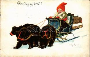 Boldog Újévet / New Year greeting art postcard with sleigh drawn by bears. B.K.W.I. 2522. s: Jenny Nyström (EK)