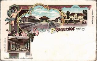 Pragersko, Pragerhof bei Marburg; Bahnhof Restauration, Schloss / railway station and restaurant, castle. A. Schwidernoch Art Nouveau, floral, litho