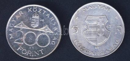 1947. 5Ft Ag "Kossuth" + 1994. 200Ft Ag "Deák" T:BU,2/3 kis ph