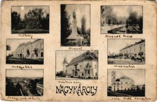 1910 Nagykároly, Carei; Megyeháza, Városháza, Római katolikus templom, Kölcsey szobor, Kossuth szobor, Kossuth kert, Károlyi kastély. Csókás László kiadása / county hall, town hall, Catholic church, statues, park, castle (kopott sarkak / worn corners)