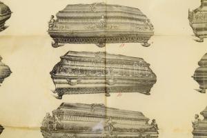 1913 Bp. IX. Tűzoltó utca, Horváth P. Érckoporsó- és Ércárugyár mintalap árjegyzéke, hajtott, 60×47 ...