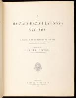 Bartal Antal: A magyarországi latinság szótára. A Magyar Tudományos Akadémia megbízásából és költségén szerkesztette --. [Magyar-latin címlappal.] Budapest, 1901. Franklin. XXX + [2] + 722 + [1] p. Első kiadás. Magyar értelmezéssel ellátott latin szótár,  Aranyozott gerincű kiadói félbőr-kötésben, márványozott lapszélekkel, sérült gerinccel. Hozzá Bartal Antal működésének 25. évfordulójára tartott ünnepség meghívója és jelentkezési íve, valamint Bartal Antal halotti értesítője.   Bartal Antal (1829-1909) klasszika-filológus, a Magyar Tudományos Akadémia tagjának egyik fő műve. Közel 37 000 címszót tartalmaz, köztük számos magyar, szláv, német, francia, olasz és török eredetűeket, melyből sok alig latinizálódott.