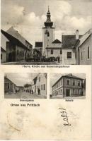 Prítluky, Prittlach; Pfarre, Kirche, Gemeindegasthaus, Queergasse, Schule / church, parish, hotel and restaurant, street, school (gluemark)