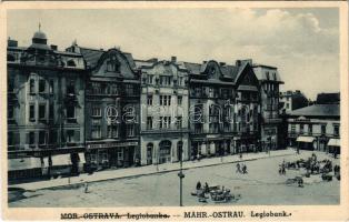 Ostrava, Moravská Ostrava, Mährisch Ostrau; Legiobank / bank, market, pharmacy, shops of Sonnegger, Guttmann (EK)