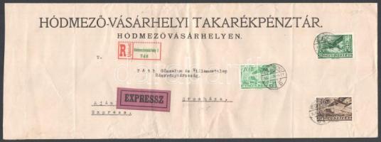 1936 3. súlyfokozatú, nagyméretű ajánlott expressz levél Repülő 10+36+100f bélyegekkel bérmentesítve, "HÓDMEZŐVÁSÁRHELY" - "OROSHÁZA". A nagyméretű levelek ritkán maradtak meg! (hajtott / folded)