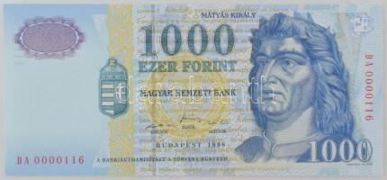 1998. 1000Ft alacsony &quot;DA 0000116&quot; sorszámmal T:UNC Hungary 1998. 1000 Forint with low &quot;DA 0000116&quot; serial number C:UNC  Adamo F55