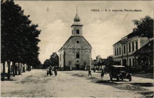 1939 Vága, Váhovce; Római katolikus templom, Fő utca, iskola, szövetkezeti üzlet, automobil. Fotograf Adolf Brunner / Catholic church, main street, school, cooperative shop, automobile (fl)