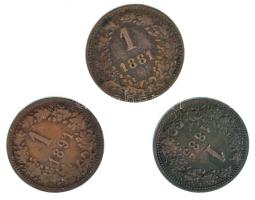 Ausztria 1881. 1kr Cu + 1885. 1kr Cu + 1891. 1kr Cu T:XF,VF Austria 1881. 1 Kreuzer Cu + 1885. 1 Kre...