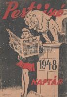 A Pesti izé naptára 1948. Szerkeszti: Gál György. (Budapest), [1947]. Forrás Nyomdai Műintézet és Kiadóvállalat Rt. 95 + [1] p. A Pesti izé című szatirikus hetilap a koalíciós idők (1945-1948) három képes vicclapjának egyike. A Pesti Izé munkatársi gárdája Gál György szerkesztő vezetésével a Ludas Matyiból vált ki. Míg a Ludas Matyi a kommunista párthoz, a Szabad Száj a kisgazdapárthoz, addig a Pesti Izé a szociáldemokrata párthoz állt közel, ám a képanyagot vizsgálva igazat adhatunk a véleménynek, hogy világnézete leginkább szex-közeli volt. A finomabb erotikába hajló szatirikus hetilap 1946 novembere és 1948 októbere között jelent meg, a 100. lapszámmal a sajtótermék megszűnt. 1948. évi naptárunkat a főlaphoz hasonlóan Gál György szerkesztette, és többek között Barát Endre, Endrődi Béla, Győri Illés István, Kálmán Jenő, Királyhegyi Pál, Stella Adorján humoristák szövegeinek adott helyet, grafikáit pedig Byssz Róbert, Gáspár Antal, Hauswirth Magda, Palló Iván, Korcsmáros Pál és Sebők Imre jegyzik, utóbbi kettőben a modern magyar képregény-kultúra alapító atyjait is tisztelhetjük. A naptárban visszaköszön ugyan néhány, a lapban már közölt karikatúra, ez azonban nem von le a kiadvány korjellemző értékéből és humorfaktorából. A naptár beltartalmát illetően pedig ugyanaz mondható el róla, mint szülőlapjáról: a belpolitikai témák helyett a társadalmi visszásságok, a félrelépés témája és a női test ünneplése áll kiadványunk fókuszában. Példányunk keresztrejtvényei kitöltve, egy oldalon aláírás-gyakorlatok, a belív utolsó oldalán egy valaha volt női osztály tagjainak névsora. Példányunkból egy levél hiányzik. Fűzve, Sebők Imre színes rajzával illusztrált, enyhén sérült gerincű kiadói borítóban. Jó példány.