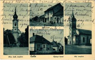 1940 Zselíz, Zeliezovce; Római katolikus templom, Református templom, Újtelepi házak, utca részlet, üzlet / Catholic church, Calvinist church, villa, street view, shop (EK)