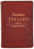 Karl Baedeker: Italien von den Alpen bis Neapel. Kurzes Reisehandbuch. Leipzig, 1903, Karl Baedeker. Gazdag térképanyaggal illusztrálva. Német nyelven. Fünfte Auflage. Kiadói aranyozott egészvászon-kötés, kopott, foltos borítóval, egy szakadt, javított térképpel, hiányzó elülső szennylappal, szakadozott hátsó szennylappal.