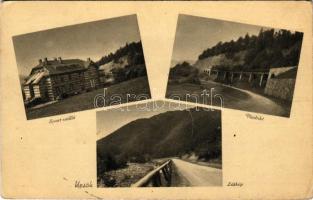 1941 Uzsok, Uzok, Uzhok; Sportszálló, viadukt, vasúti híd, látkép. Moskovits Izidor kiadása / sport hotel, railway bridge, viaduct, general view (EK)