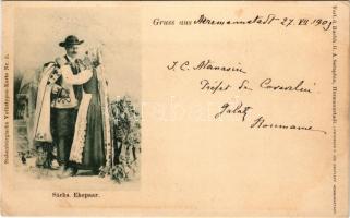 1903 Gruss aus... Sächs. Ehepaar. Siebenbürgische Volkstypen-Karte Nr. 3., G.A. Seraphin, Jos. Drotleff / Erdélyi szász házaspár / Transylvanian Saxon folklore (EK)