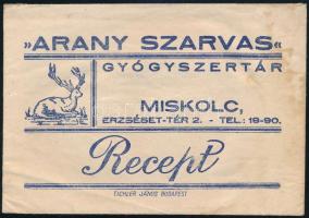 cca 1930 Miskolc, Arany Szarvas gyógyszertár receptboríték