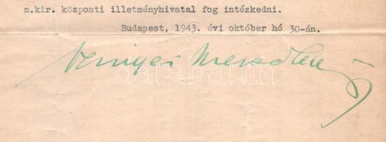 1943 Szinyei-Mersei Jenő (1888-1957), a Kállay-kormány vallás és közoktatásügyi miniszerének (1942-1...