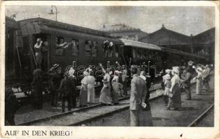 1914 Auf den Krieg! / Első világháborús osztrák-magyar katonák indulnak a harctérre a vasútállomásról / WWI Austro-Hungarian military, soldiers leaving at the railway station (kopott sarok / worn corner)