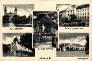 Jászapáti, Római katolikus templom, Állami gimnázium, községháza. Lourdi barlang (fa)