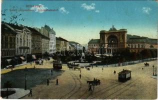 1912 Budapest VII. Keleti pályaudvar, vasútállomás, villamos, Baross szobor (EK)