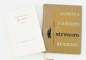 Radnóti Miklós: Strmom Stazom. [Meredek út.] Novi Sad (Újvidék), 1961, Forum, 95+1 p.+6 (fekete-fehér képtáblákkal) t. Szerbhorvát és magyar nyelven. Kiadói egészvászon-kötés. + Radnóti Miklós: Meredek út. Versek. Cserépfalvi, 1938. Kiadó, nyomda nincs. Modern fakszimile kiadás. Kiadói papírkötés, kissé laza fűzéssel, meglazult lapokkal.