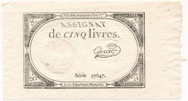 Franciaország 1793. 5L &quot;Assignata&quot; ívszéllel T:AU France 1793. 5 Livres &quot;Assignata&quot; with sheet edge C:AU Krause P#A76