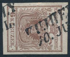 1850 6kr HP I. Papierkorn, lemezhiba a pajzsvonalon "V UJHE(LY)"