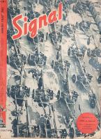 [Folyóirat] Signal. Főszerkesztő: Wilhelm Reetz. Megjelenik 14 naponként. 4. évfolyam, 1. szám. (1943. januári 1. szám.) [Német-magyar nyelvű, illusztrált háborús folyóirat.] Berlin, 1943. Deutscher Verlag und Druckerei. Folio. 35 + [5] p. A Berlinben szerkesztett, német szerzők által írt, a németek által megszállt országokban és a németekkel szövetséges országokban terjesztett, gazdagon illusztrált, kétnyelvű háborús propaganda folyóirat értelemszerűen a tengelyhatalmak háborús felkészültségét méltatja, háborús életképek és a német hadiipar nagy pillanatainak bemutatásával. A belív nyolc oldala színes felvételeket tartalmaz. Folyóiratszámunk komoly terjedelmet szentel az angolszász típusú kapitalizmus kritikájának, amelyet a vonatkozó tanulmányok szerint elsősorban a munkásosztályt nyomorban tartó spekulatív tőke túlhatalma jellemez, és amelynek el kell tűnnie az új Európából. Lapszámunk vegyesen tartalmaz német és magyar nyelvű cikkeket: a német nyelvű folyóiratcikkek esetén a képanyag feliratozásai egységesen magyar nyelvűek. Folyóiratszámunk utolsó oldalain egykorú magyar tudósítások nyomán írt tájékoztatás a II. magyar hadsereg doni frontjáról, a bizakodás hangján. A folyóirat értelemszerűen szerepel az Ideiglenes Nemzeti Kormány által 1945-ben betiltott művek jegyzékén. Számos levélen apró szakadásnyomok, néhány oldalon enyhe foltosság, példányunk fűzése meglazult, a fedőborítók fűzése meggyengült. Fűzve, kétszínnyomású, illusztrált, sérült, enyhén hiányos kiadói borítóban.