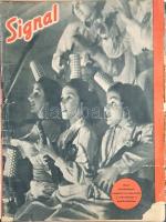 [Folyóirat] Signal. Főszerkesztő: Wilhelm Reetz. Megjelenik 14 naponként. 4. évfolyam, 4. szám. (1943. februári 2. szám.) [Német-magyar nyelvű, illusztrált háborús folyóirat.] Berlin, 1943. Deutscher Verlag und Druckerei. Folio. 35 + [3] p. A Berlinben szerkesztett, német szerzők által írt, a németek által megszállt országokban és a németekkel szövetséges országokban terjesztett, gazdagon illusztrált, kétnyelvű háborús propaganda folyóirat értelemszerűen a tengelyhatalmak háborús felkészültségét méltatja, háborús életképek és a német hadiipar nagy pillanatainak bemutatásával. A belív nyolc oldala színes felvételeket tartalmaz. Folyóiratszámunk cikkei a haditechnikai és hadiipari tájékoztatáson kívül két nagyobb témát tárgyalnak: a német helytartóság alatt élő Cseh-Morva Protektorátus új arany életét méltatják számos cikkben, valamint Anglia világhatalmi pozíciójának megrendülését elemzik a hadi és geopolitikai helyzet függvényében. A központi propagandalap magyar változatának jelen számába magyar vonatkozású hír nem jutott - a II. magyar hadsereg egyidejű, tragikus megsemmisüléséről semmilyen propagandalap nem cikkezne. Folyóiratunk értelemszerűen szerepel az Ideiglenes Nemzeti Kormány által 1945-ben betiltott művek jegyzékén. Példányunk fűzése meglazult, első fedőborítója elvált a belívtől. Fűzve, kétszínnyomású, illusztrált, sérült, enyhén hiányos, téves lapszámozású kiadói borítóban, hátsó borító nélkül.