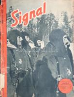 [Folyóirat] Signal. Főszerkesztő: Wilhelm Reetz. Megjelenik 14 naponként. 4. évfolyam, 5. szám. (1943. márciusi 1. szám.) [Német-magyar nyelvű, illusztrált háborús folyóirat.] Berlin, 1943. Deutscher Verlag und Druckerei. Folio. 35 + [3] p. A Berlinben szerkesztett, német szerzők által írt, a németek által megszállt országokban és a németekkel szövetséges országokban terjesztett, gazdagon illusztrált, kétnyelvű háborús propaganda folyóirat értelemszerűen a tengelyhatalmak háborús felkészültségét méltatja, háborús életképek és a német hadiipar nagy pillanatainak bemutatásával. A belív nyolc oldala színes felvételeket tartalmaz. Folyóiratszámunk bőségesen beszámol az angol hajóflotta veszteségeiről, képes hadinaplóban méltatja a német Ju-52 repülőgép képességeit, beszámol a keleti front hadi helyzetéről, ahol német szövetségesként spanyol egységek is küzdenek a bolsevik fenyegetés ellen. Lapszámunkban hosszas tanulmány szerepel a németek uralta Cseh-Morva Protektorátus geopolitikai helyzetéről: a közreműködő cseh politikus amellett érvel, hogy Európát ellenőrzi az, aki Prágát bírja. A Berlinben szerkesztett központi propagandalap magyar változatának jelen számába egy oldalnyi magyar anyag jutott: a Signal szerkesztősege meglátogatta a Gerevich Aladár vezette budapesti kardvívó csapatot. Folyóiratunk értelemszerűen szerepel az Ideiglenes Nemzeti Kormány által 1945-ben betiltott művek jegyzékén. Példányunk fűzése meglazult, első fedőborítója elvált a belívtől. Fűzve, kétszínnyomású, illusztrált, sérült, enyhén hiányos kiadói borítóban, hátsó borító nélkül.