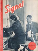 [Folyóirat] Signal. Főszerkesztő: Wilhelm Reetz. Megjelenik 14 naponként. 4. évfolyam, 15. szám. (1943. augusztusi 1. szám.) [Magyarra fordított, illusztrált német háborús folyóirat.] Berlin, 1943. Deutscher Verlag und Druckerei. Folio. 39 + [1] p. A Berlinben szerkesztett, német szerzők által írt, a németek által megszállt országokban és a németekkel szövetséges országokban terjesztett, gazdagon illusztrált, kezdetben kétnyelvű, jelen lapszámunkban már teljesen magyar nyelvű háborús propaganda folyóirat értelemszerűen a tengelyhatalmak háborús felkészültségét méltatja, a német hadiipar méltatásával. A belív nyolc oldala színes felvételeket tartalmaz. Lapszámunk kiemelten foglalkozik Alfred Speer birodalmi hadfelszerelési és hadianyaggyártási miniszter feladatkörével és személyével, valamint bemutat egy, korábban szovjet, jelenleg jó egy éve német fennhatóság alatt álló orosz falut, különös tekintettel a falu újjáéledésére és az ottani nagyszerű új életre. Lapszámunk szigorú értelemben vett háborús riportot nem tartalmaz, ellenben hosszasan elemzi a tengelyhatalmak által ellenőrzött Balkán bevehetetlen mivoltát. Folyóiratunk értelemszerűen szerepel az Ideiglenes Nemzeti Kormány által 1945-ben betiltott művek jegyzékén. Példányunk fűzése meglazult. Fűzve, kétszínnyomású, illusztrált, enyhén sérült kiadói borítóban. Jó példány.