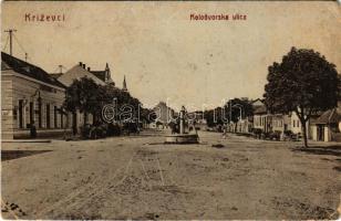 1910 Kőrös, Krizevac, Krizevci; Kolodvorska ulica / street view. W.L. Bp. 1568. + "BROD - NAGY-KANIZSA 62. SZ." vasúti mozgóposta bélyegző (EB)