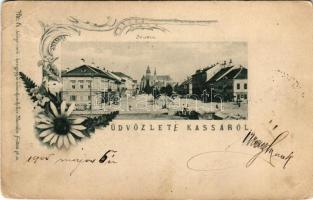 1905 Kassa, Kosice; Fő utca, Adriányi üzlete, piac. Vitéz A. kiadása / main street, shops, market. Art Nouveau, floral (EB)