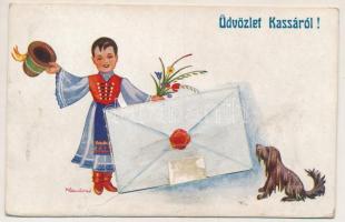 1939 Kassa, Kosice; magyar népviseletes leporellólap 10 kis képpel / Hungarian folklore leporellocard with 10 small pictures s: Klaudinyi (fl)