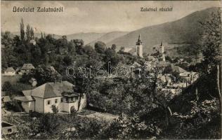 1913 Zalatna, Zlatna; látkép, Állami polgári leányiskola. Folberth Vilmos kiadása / general view, girl school + "ZALATNA - GYULAFEHÉRVÁR 412" vasúti mozgóposta bélyegző (Rb)