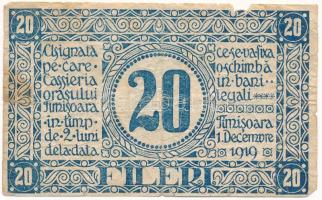 Románia / Temesvár 1919. 20f T:VG anyaghiány Romania / Timişoara 1919. 20 Fileri C:VG missing materi...