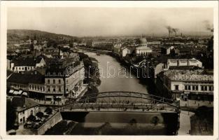 Nagyvárad, Oradea; látkép a Körössel, híd, zsinagóga, Iván vendéglő, étterem, Deutsch, Friedmann Dezső üzlete / Cris riverside, bridge, synagogue, shops, restaurant (fl)