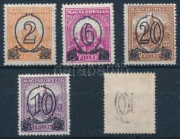 1931 Kisegítő bélyegek (I.) 2/3f, 6/8f, 20/25f VIII. vízjellel, 2/3f és 6/8f 14 : 14 1/4 fogazással, 20/25f 15-ös fogazással + 10/16f a felülnyomás gépszínátnyomatával + 10/16f IX. vízjellel (6/8f falcos / hinged)