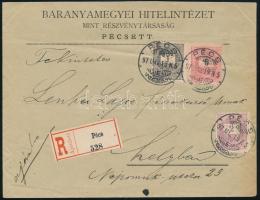 1897 Színes számú 2kr + Fekete számú 1kr és 5kr helyi ajánlott levélen, "PÉCS"