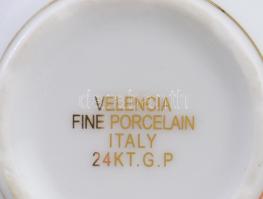 Valencia Fine Porcelain olasz porcelán kávés készlet, 24k arannyal díszítve, 1 alj hiánnyal, minimál...