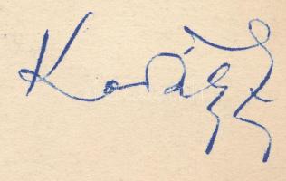 cca 1960 Kodály Zoltán (1882-1967), zeneszerző autográf sorai és aláírása észak-koreai képeslapon