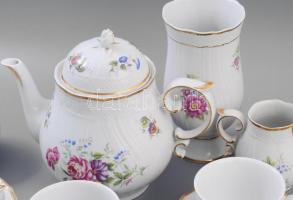 Hollóházi Hajnalka mintás 6 személyes porcelán kávés készlet, és egy váza. Kézzel festett, jelzett, ...