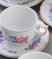 Hollóházi Hajnalka mintás 6 személyes porcelán kávés készlet, és egy váza. Kézzel festett, jelzett, ...