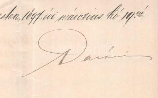 1897 Darányi Ignác (1849-1927) földművelésügyi miniszter aláírásával ellátott hivatalos levél Mosonm...