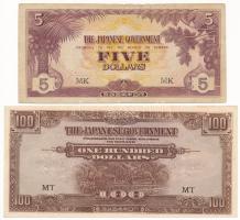 Malaya / Japán megszállás 1944. 100$ "MT" + DN (1942-1945) 5$ "Banános Bankjegy", "MK" T:AU sarokhajlás, F Malaya / Japanese occupation 1944. 100 Dollars "MT" + ND (1942-1945) 5 Dollars "Banana Money", "MK" C:AU corner bend, F