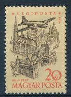 1958 Repülő VI. 20Ft bélyeg, a Budapest "D" betűje felülről nyitott lemezhibával